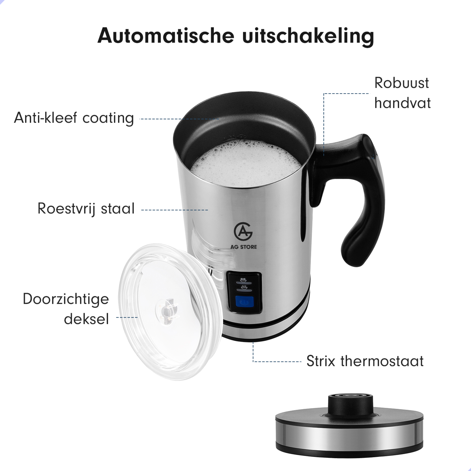 AG AG190 Melkopschuimer - Electrisch - Melkschuimers - Cappuccino – Latte macchiato - Roestvrij staal - Anti aanbaklaag - Temperatuurregeling - 3- in 1 - 250 ml - Makkelijk reinigen