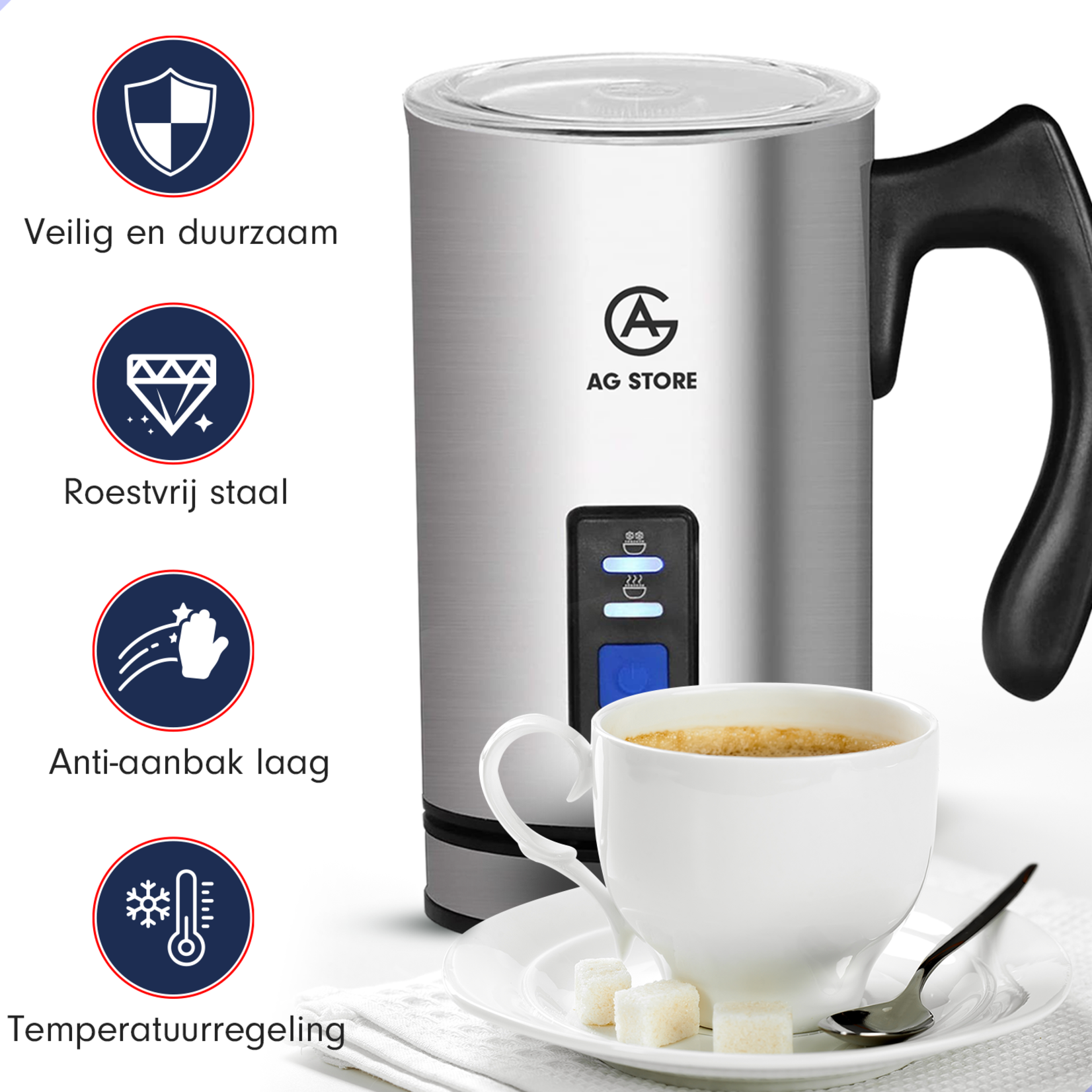 AG AG190 Melkopschuimer - Electrisch - Melkschuimers - Cappuccino – Latte macchiato - Roestvrij staal - Anti aanbaklaag - Temperatuurregeling - 3- in 1 - 250 ml - Makkelijk reinigen
