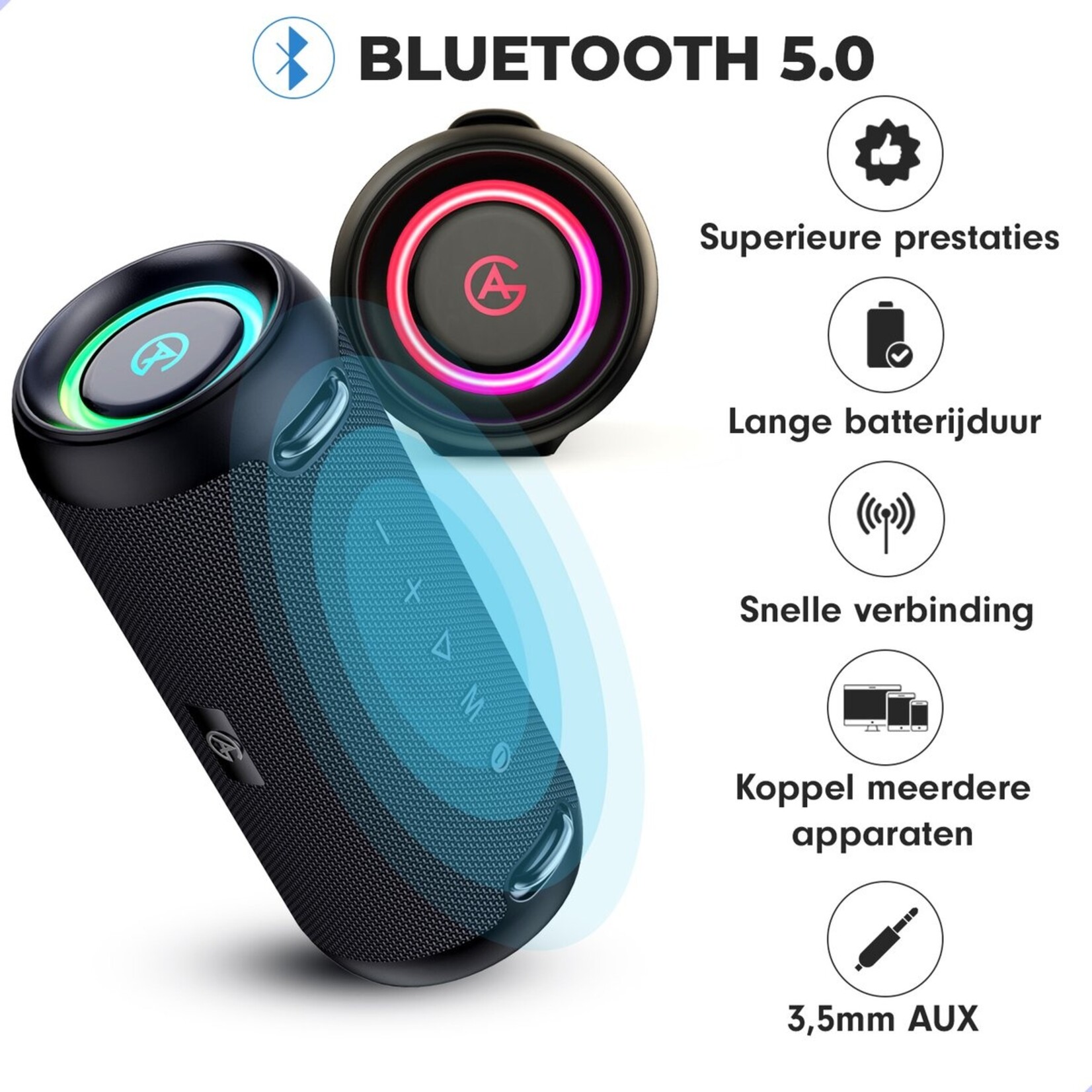 AG AG230 Bluetooth Speaker - Draadloos - Speakers - Muziek box Met Verlichting - IPX6 Waterproof - Diepe Bass - Hoogwaardige Kwaliteit - Portable - Draagbaar