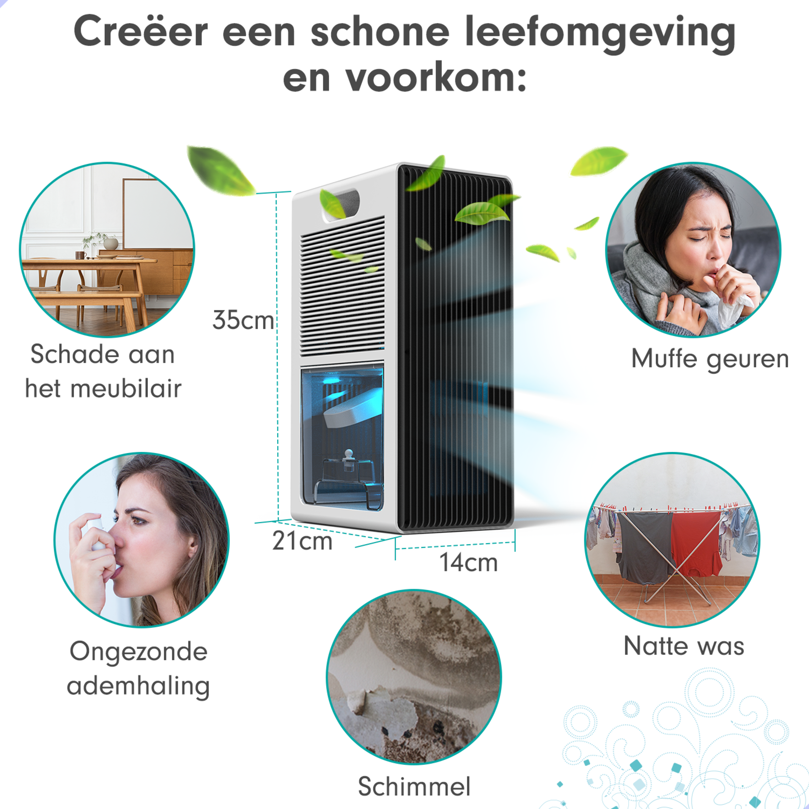 AG AG240 Luchtontvochtiger - Luchtreiniger - Dehumidifier - Grote watertank 2.5L capaciteit, 800ml/D ontvochtiging, 10-35m2 bereik -energiezuinig, verlichting 7 kleuren - Voor huis, kamer, badkamer & kelder