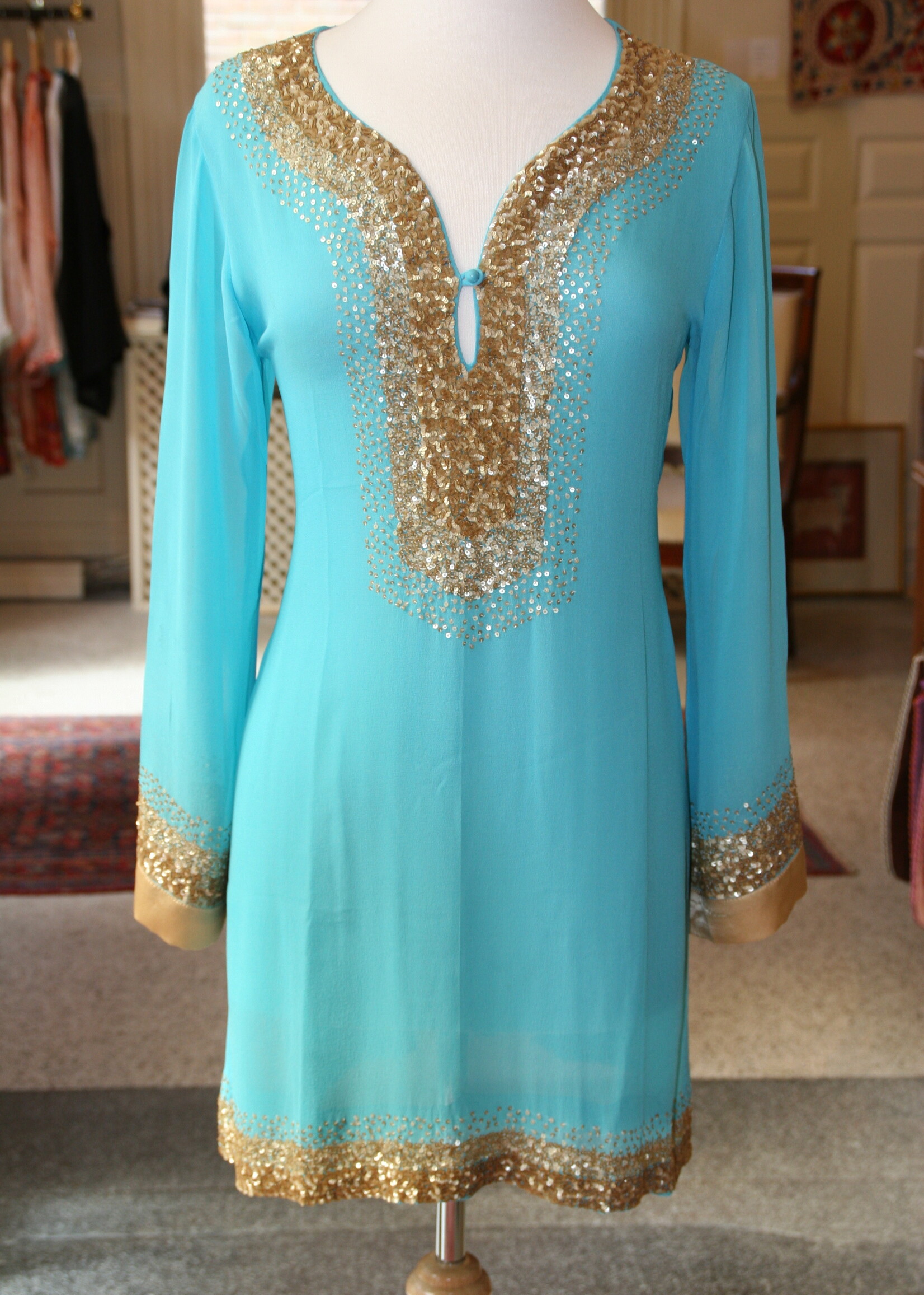 Kahuna Turquoise crepe georgette zijden tuniek met pailleten borduursel