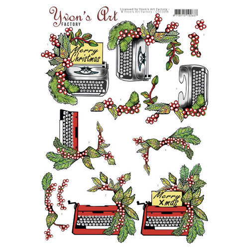 CD11698 - 10 stuks knipvel - Yvons Art - Christmas Typewriter
