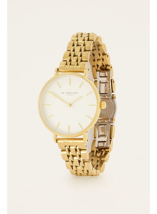 Rond Horloge met Schakels & Witte Wijzerplaat Goud