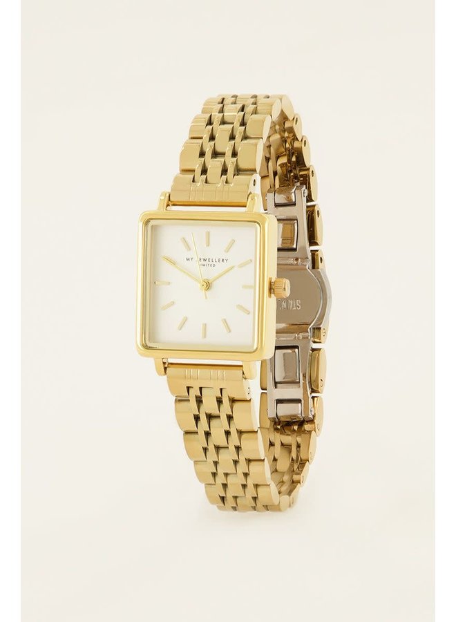 Vierkant Horloge met Witte Wijzerplaat Goud