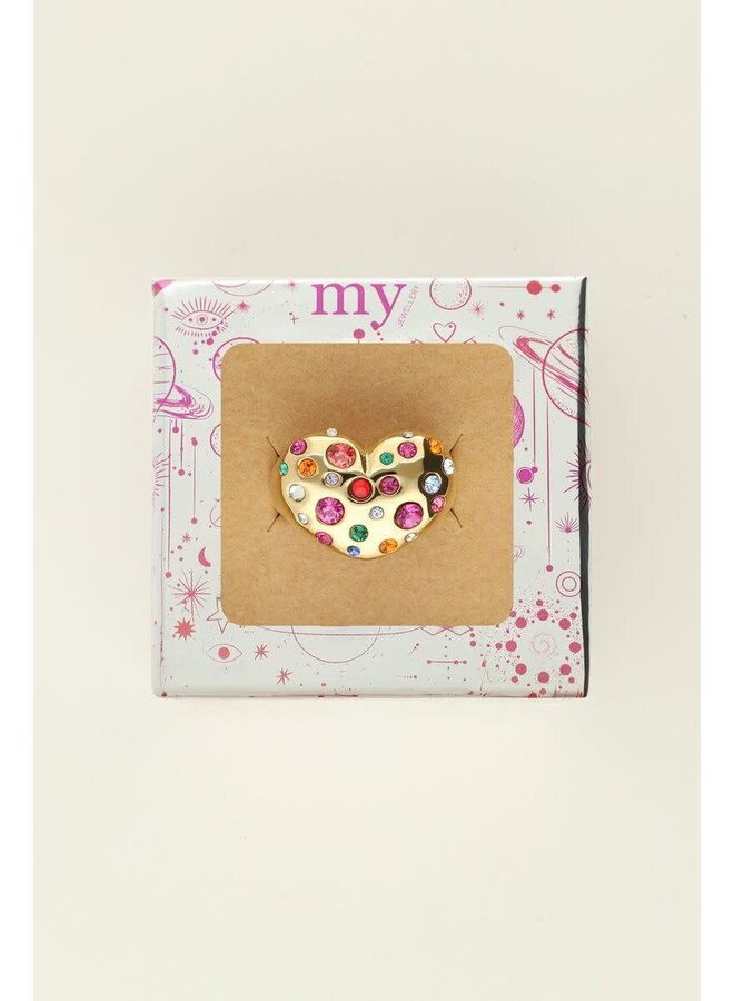 Universe Statement Ring met Hart & Gekleurde Steentjes Goud