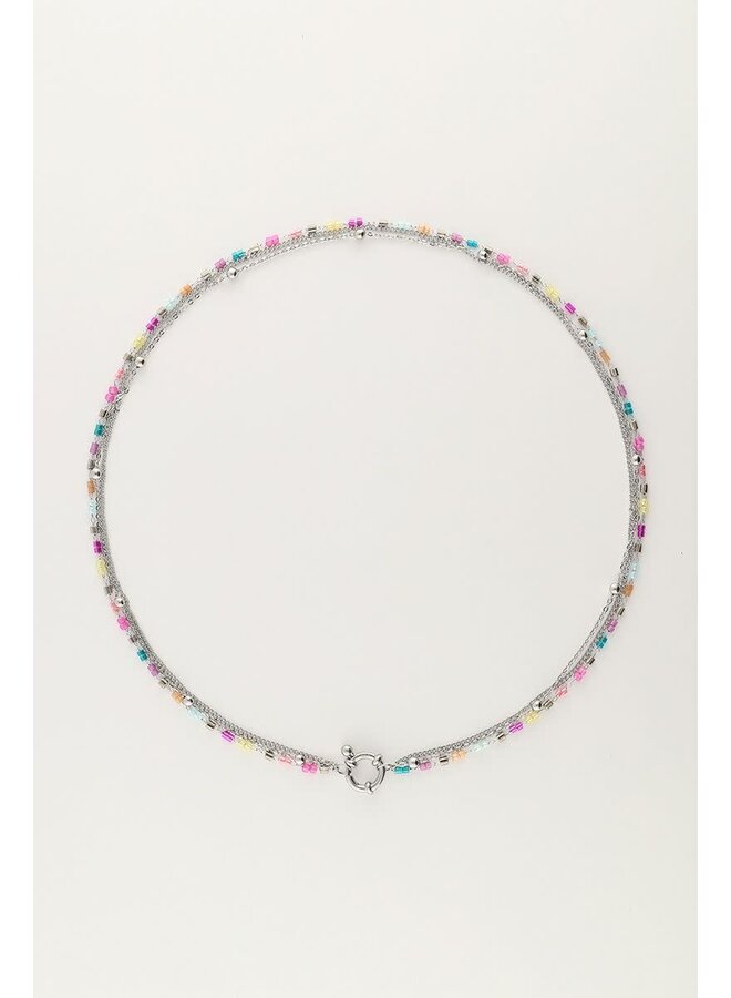 Driedubbele Ketting met Blauwe & Roze Kralen Zilver