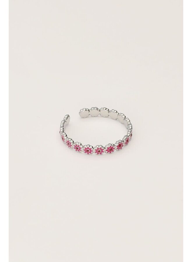 Vintage Ring met Rode & Roze Bloemetjes Mini Zilver