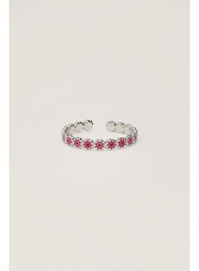 Vintage Ring met Rode & Roze Bloemetjes Mini Zilver