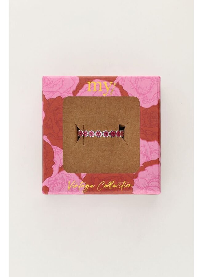 Vintage Ring met Rode & Roze Bloemetjes Mini Zilver