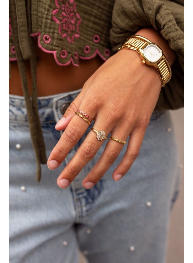 Vintage Ring met Rode & Roze Bloemetjes Mini Zilver