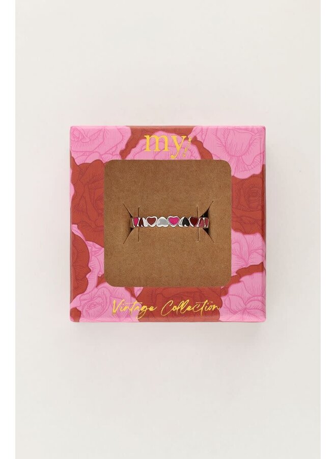 Vintage Ring met Rode & Roze Hartjes Zilver