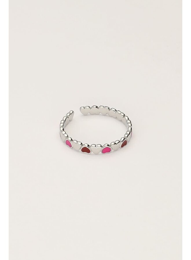 Vintage Ring met Rode & Roze Hartjes Zilver