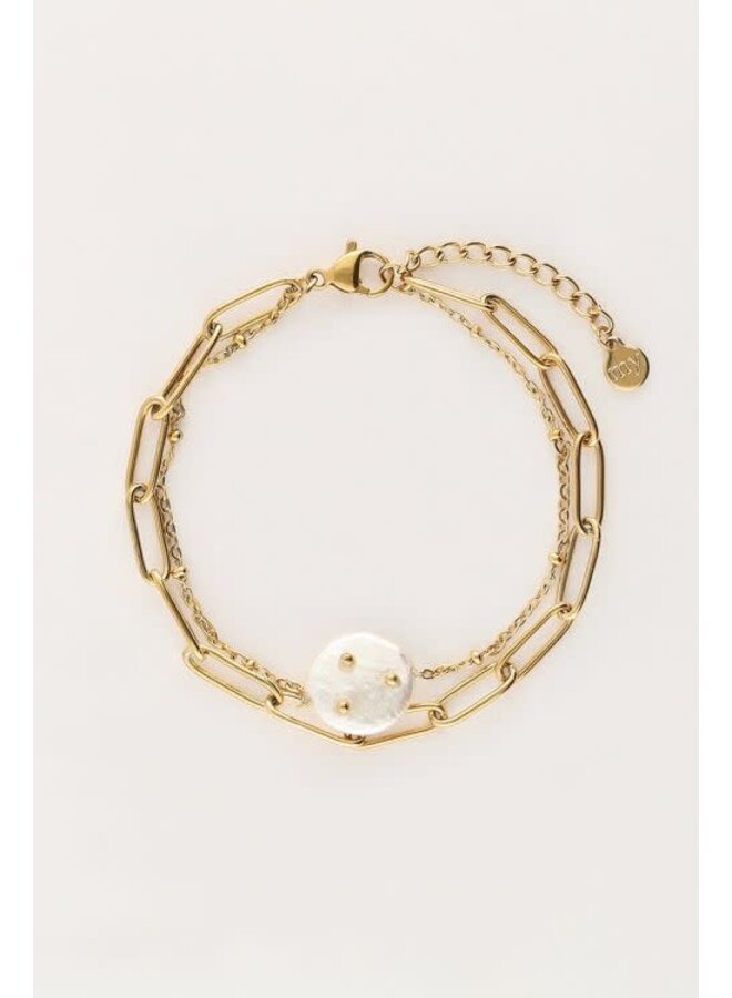 Dubbele Armband met Schakel en Parel Goud