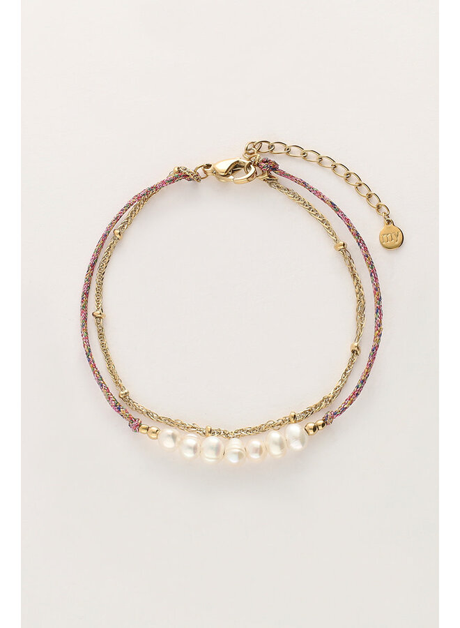 Minimalistische Dubbele Armband met Roze Koord en Parels Goud