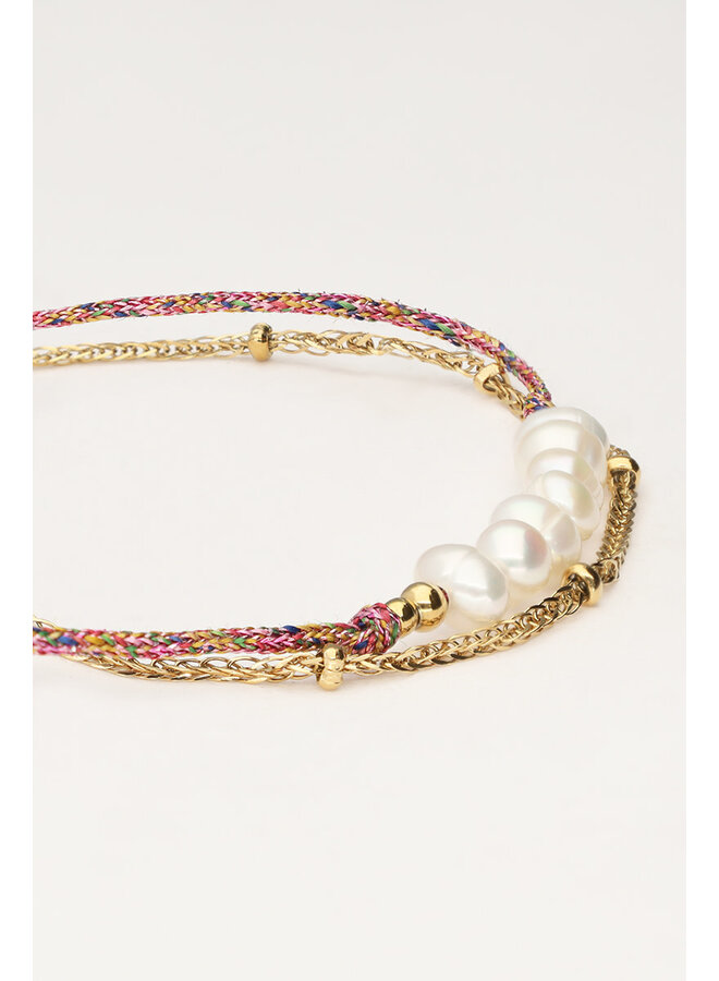 Minimalistische Dubbele Armband met Roze Koord en Parels Goud