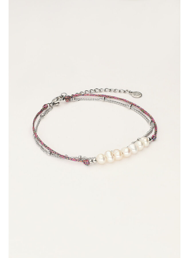 Minimalistische Dubbele Armband met Roze Koord en Parels Zilver