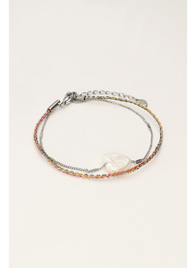 Minimalistische Dubbele Armband met Parel Hartje Zilver