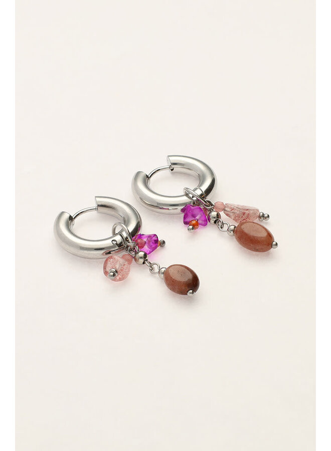 Kleine Oorringen met Roze & Bruine Steentjes Zilver
