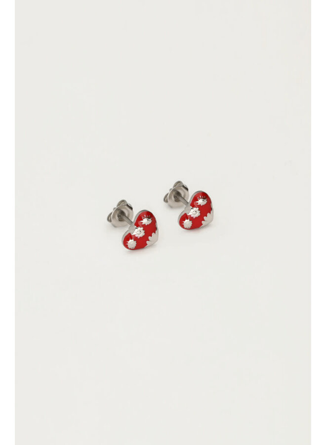 Studs Rood Mini Hart Zilver