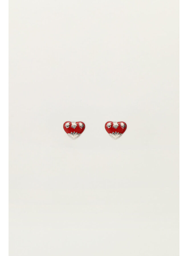 Studs Rood Mini Hart Zilver
