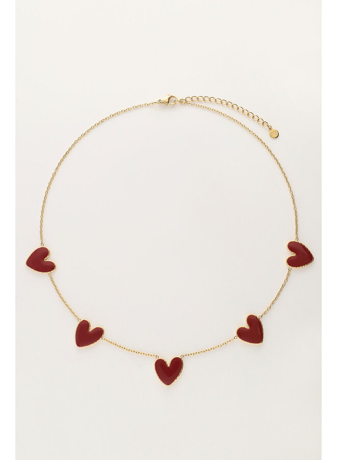 Fijne Ketting met Burgundy Hartjes Goud