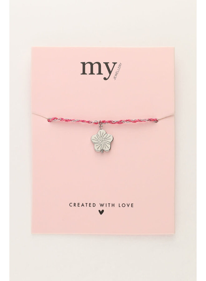 Sunrocks Roze Koord Armband met Bloem Zilver