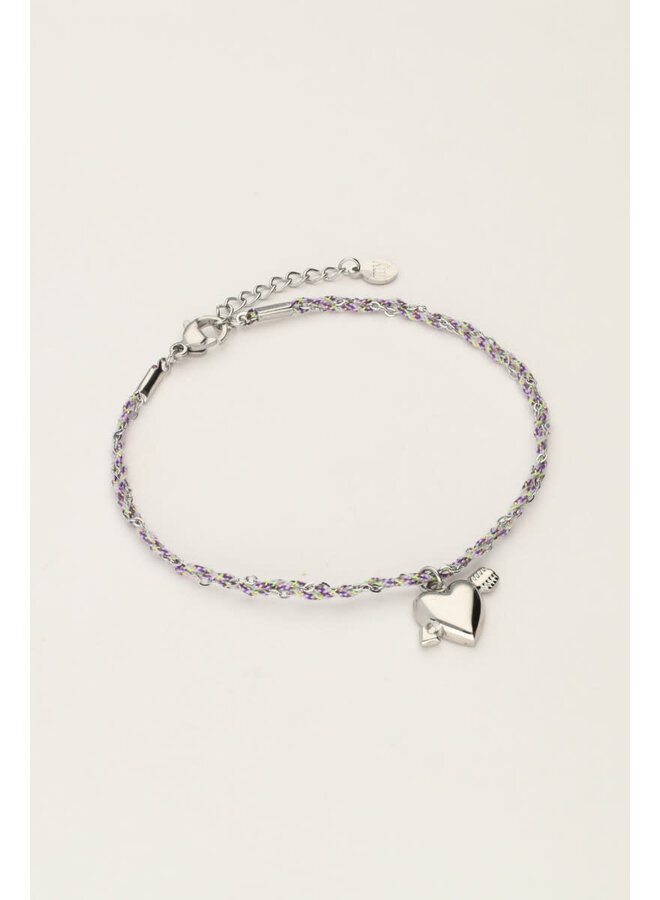 Sunrocks Paarse Koord Armband met Cupido Hartje Zilver