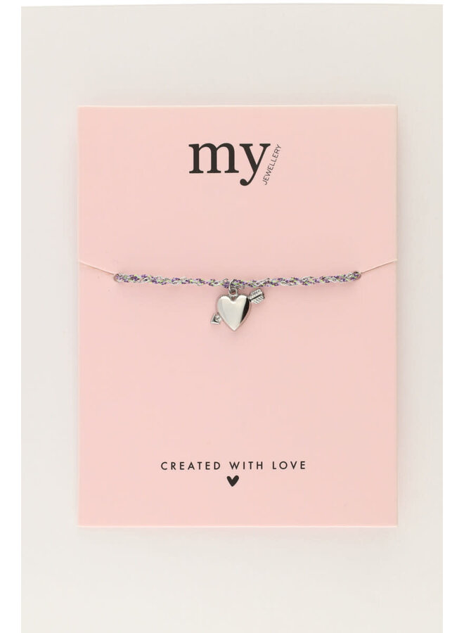 Sunrocks Paarse Koord Armband met Cupido Hartje Zilver