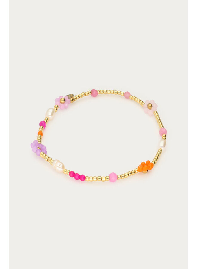 Kralen Armband met Zoetwaterparels & Bloemen Goud