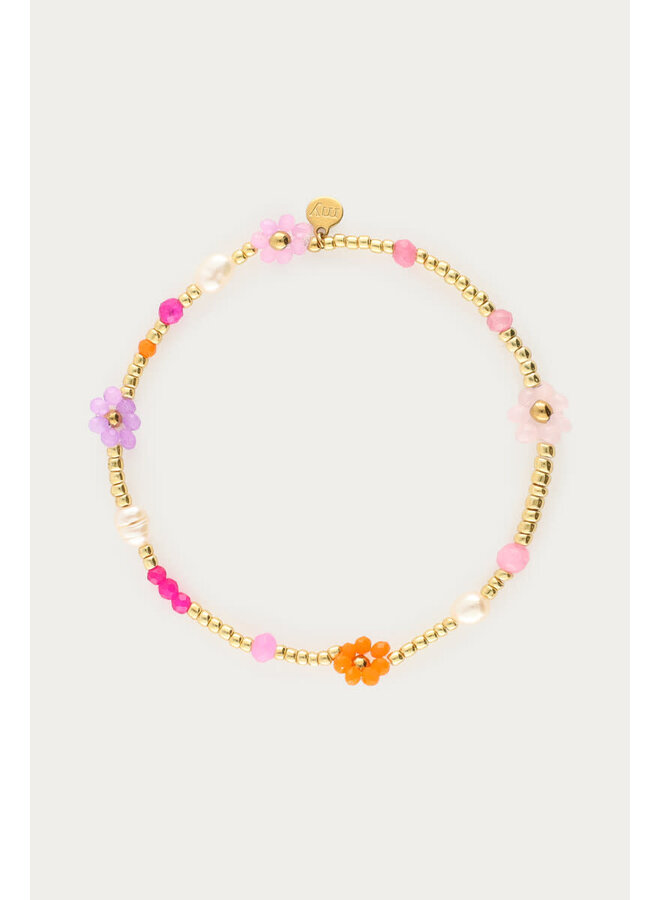 Kralen Armband met Zoetwaterparels & Bloemen Goud