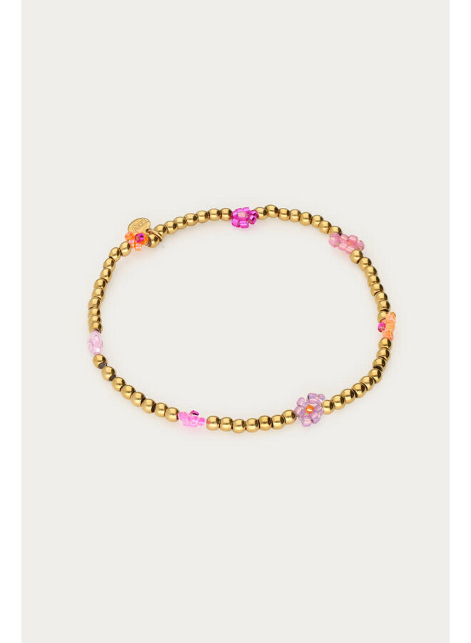 Kralen Armband met Roze & Oranje Bloemen Goud