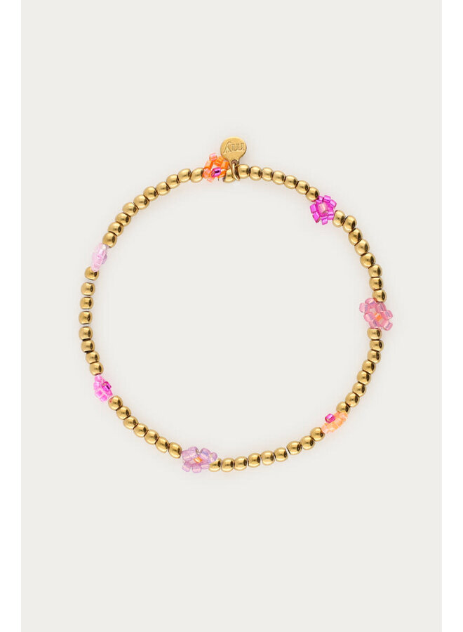 Kralen Armband met Roze & Oranje Bloemen Goud