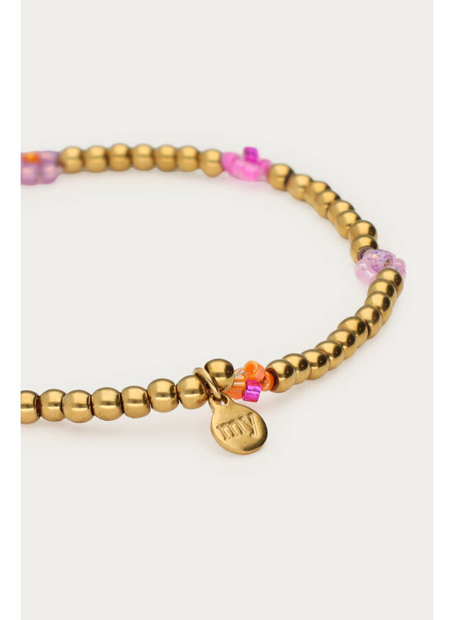Kralen Armband met Roze & Oranje Bloemen Goud