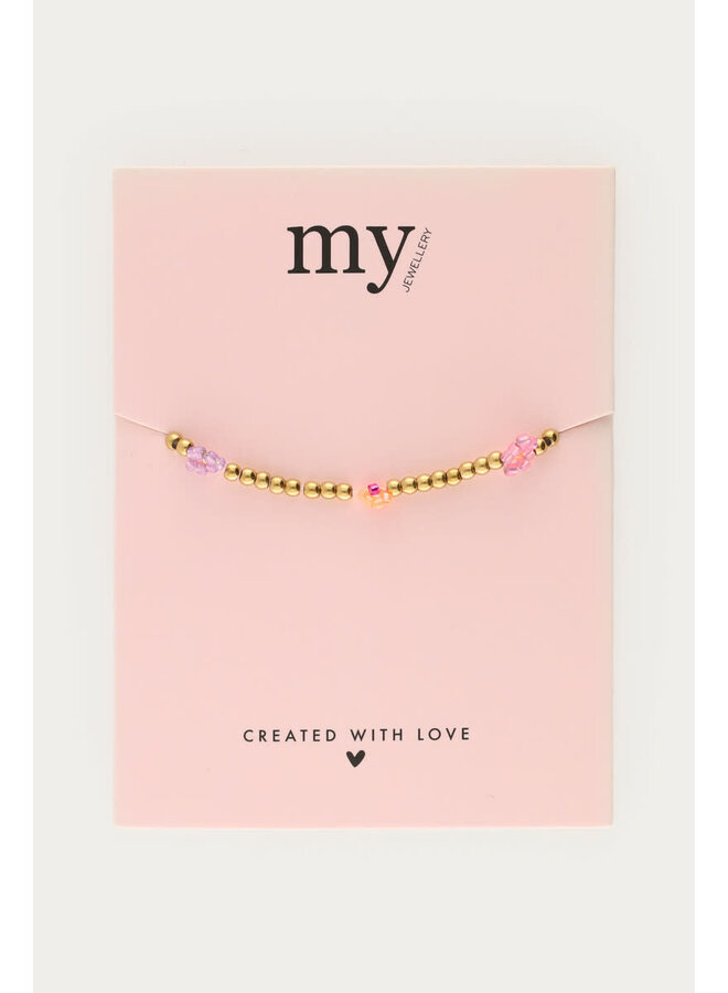 Kralen Armband met Roze & Oranje Bloemen Goud