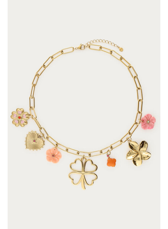 Botanical Bedel Ketting met Klaver en Bloemen Goud