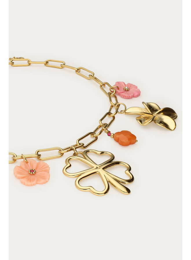 Botanical Bedel Ketting met Klaver en Bloemen Goud