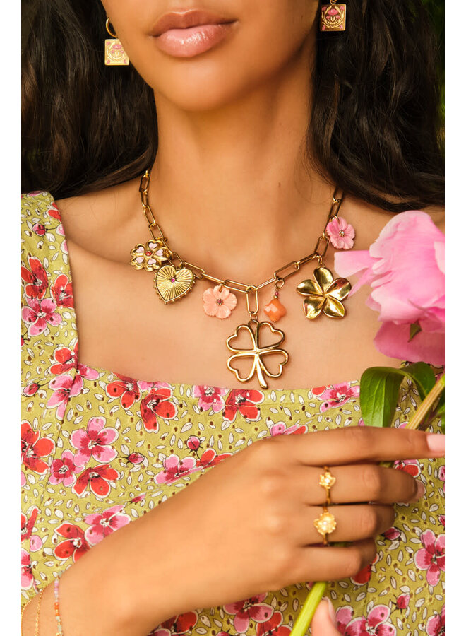 Botanical Bedel Ketting met Klaver en Bloemen Goud
