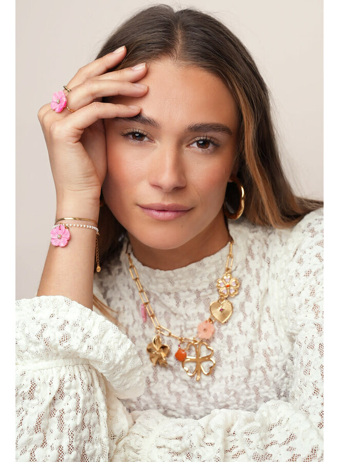 Botanical Dubbele Armband met Roze Bloem Goud