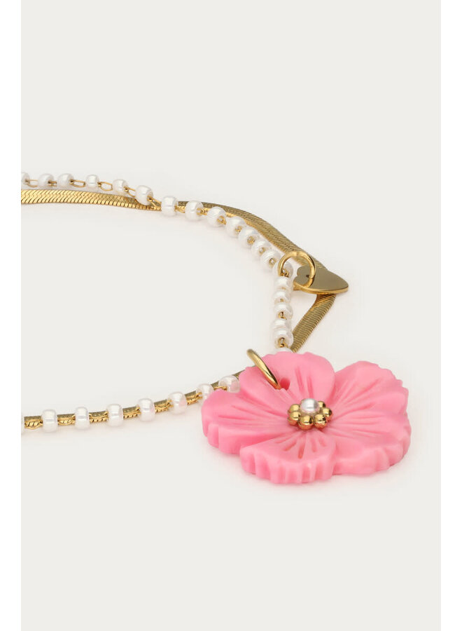 Botanical Dubbele Armband met Roze Bloem Goud
