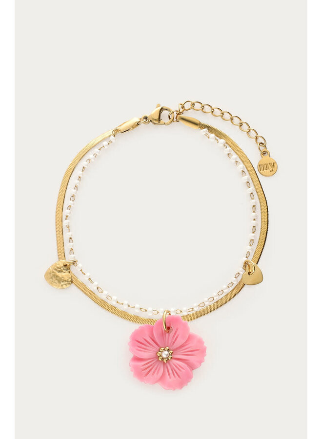 Botanical Dubbele Armband met Roze Bloem Goud