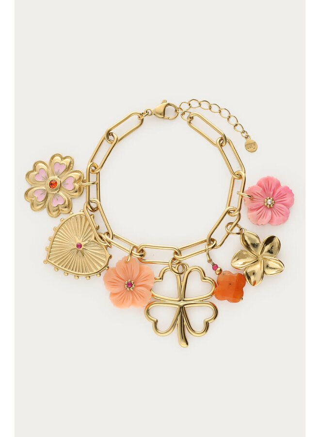 Botanical Bedel Armband met Klaver en Bloemen Goud