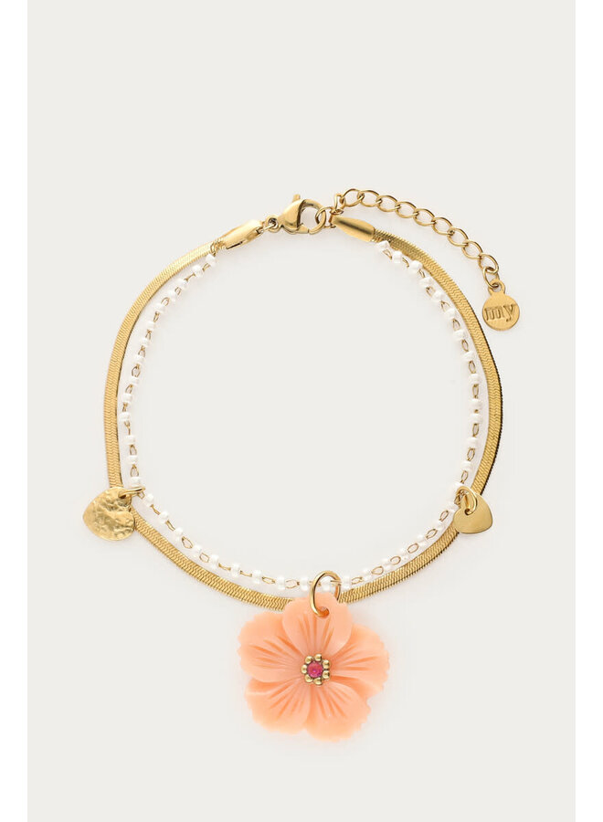 Botanical Dubbele Armband met Peach Bloem Goud