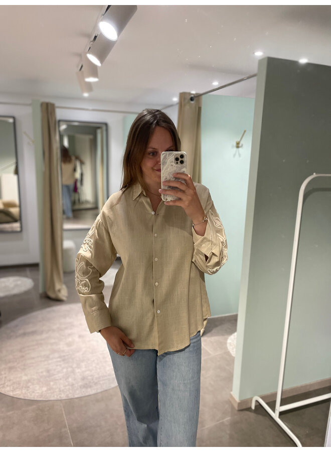 Lysanne Linen Embroidered Shirt Beige