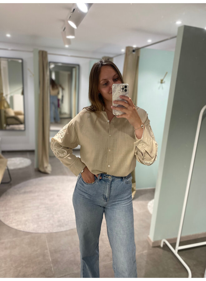 Lysanne Linen Embroidered Shirt Beige