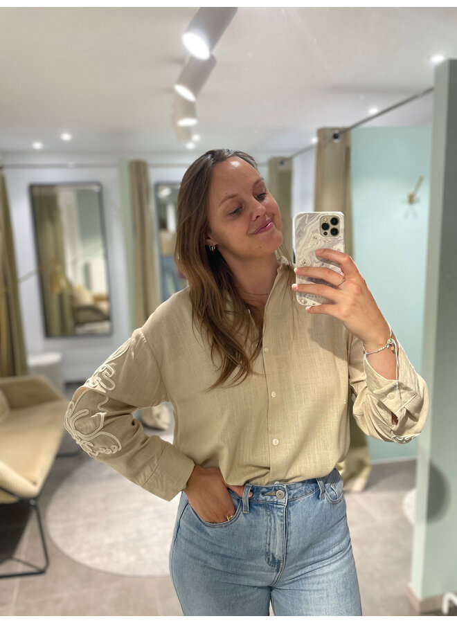 Lysanne Linen Embroidered Shirt Beige