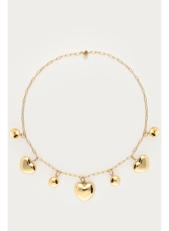 Bold Ketting met Hartjes en Bolletjes Goud