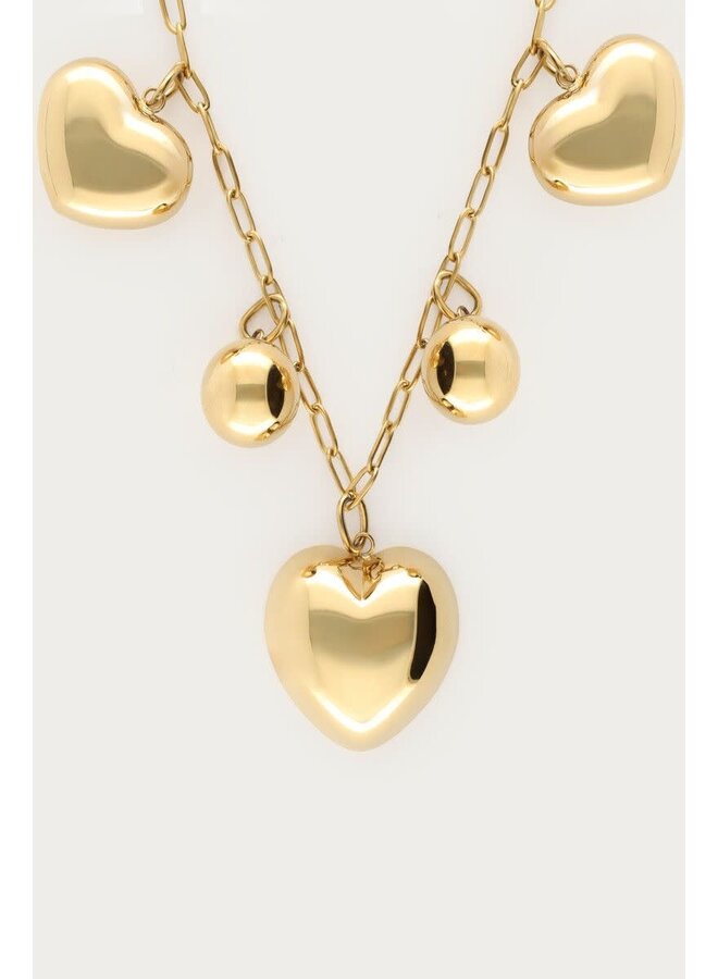 Bold Ketting met Hartjes en Bolletjes Goud