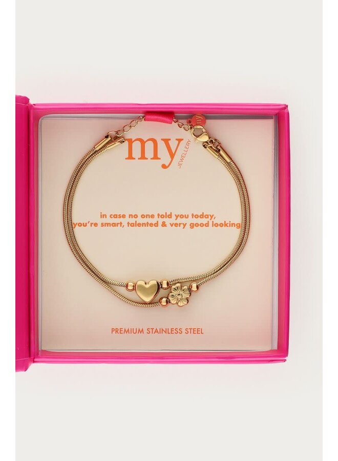 Gratitude Dubbele Armband Hart en Klaver Goud