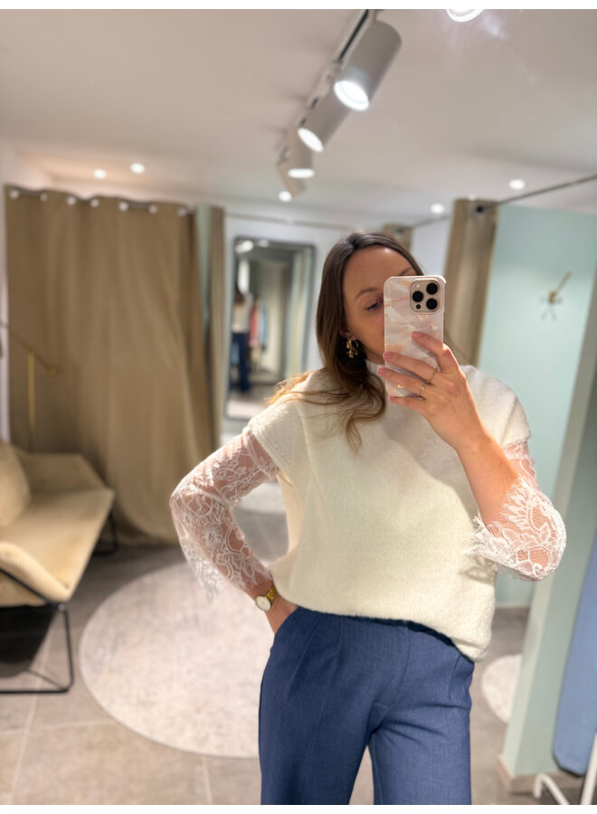 Maya Knit + Lace Top White