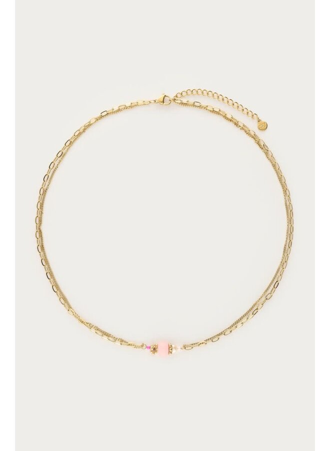 Botanical Dubbele Ketting met Roze Steen Goud